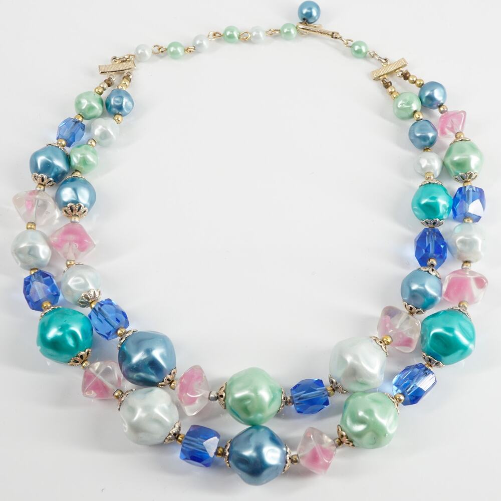 Vintage Double Strand Beaded Necklace Givré Glass Acrylic Pastel MCM Adjustable